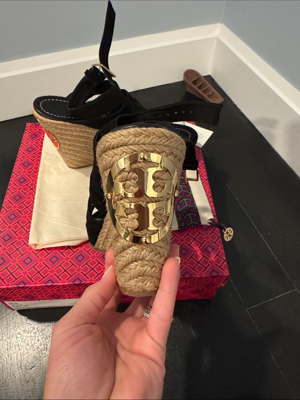 Tory Burch Black Suede Espadrille Wedge Sandals with Gold Logo - Picture 6 of 12